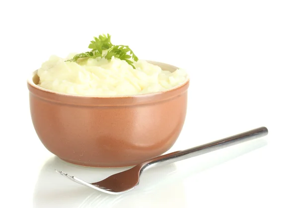 Potatismos med persilja i skålen isolerad på vit — Stockfoto
