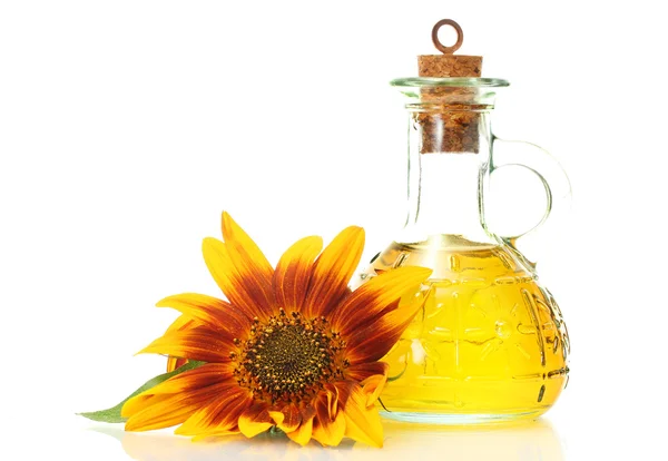 Olej słonecznikowy i słonecznik na białym tle — Zdjęcie stockowe