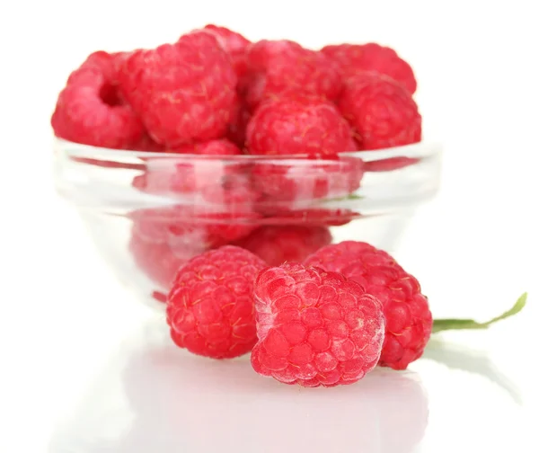 Fresh raspberries in bowl isolated on white — Stock Photo, Image