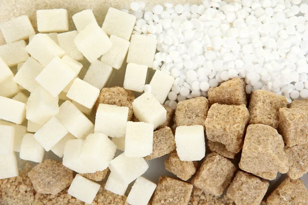 백색과 갈색 설탕 클로즈업과 감미료 — 스톡 사진