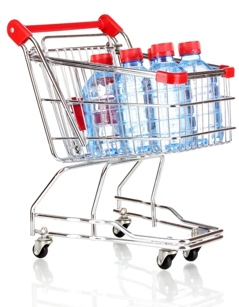 Plastic bottles of water in trolley isolated on white — Stock Photo, Image