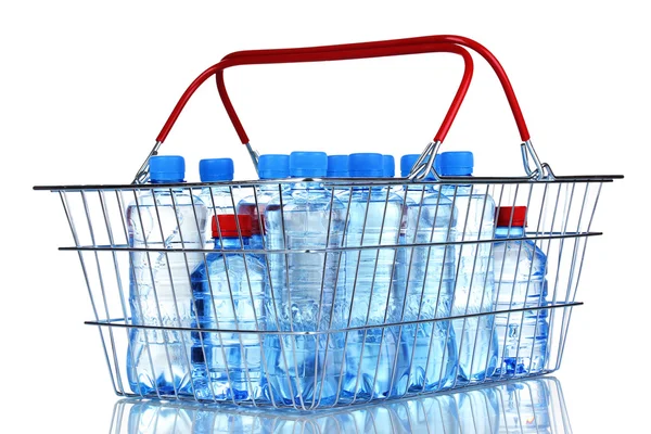 Plastic bottles of water in metal basket isolated on white — Stock Photo, Image