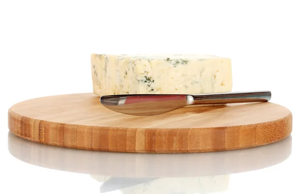 Cheese with mold and knife on the cutting board isolated on white background — Stock Photo, Image