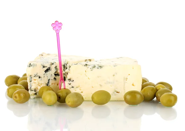 Cheese with mold and olives isolated on white — Stock Photo, Image
