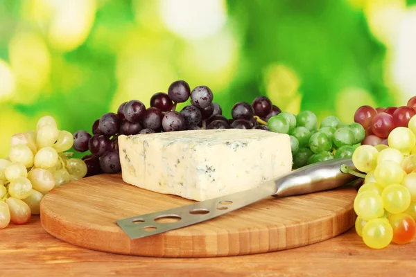 Сыр с плесенью на разделочной доске с виноградом на ярко-зеленом фоне — стоковое фото