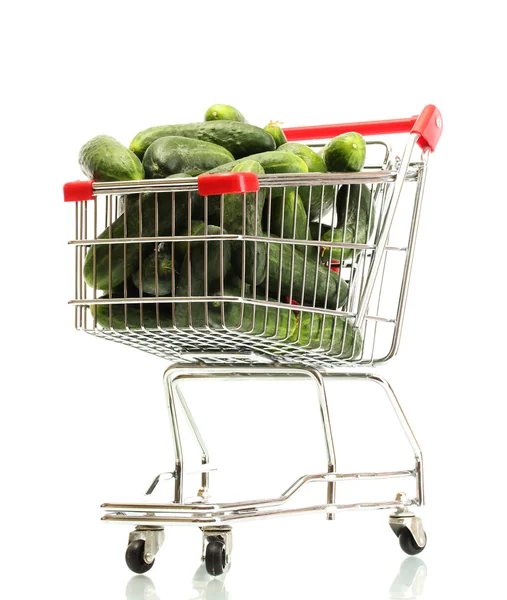 Fresh cucumbers in trolley isolated on white — Stock Photo, Image