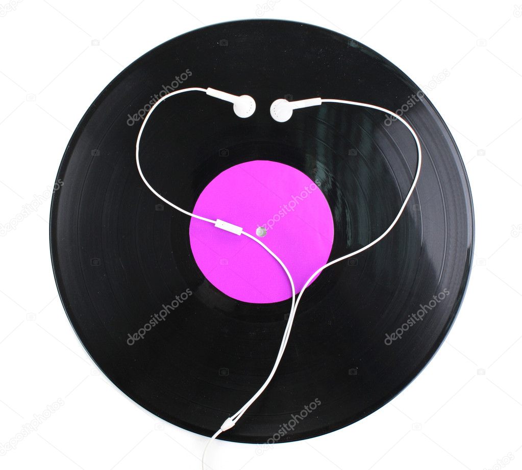 Black vinyl record and headphones isolated on white