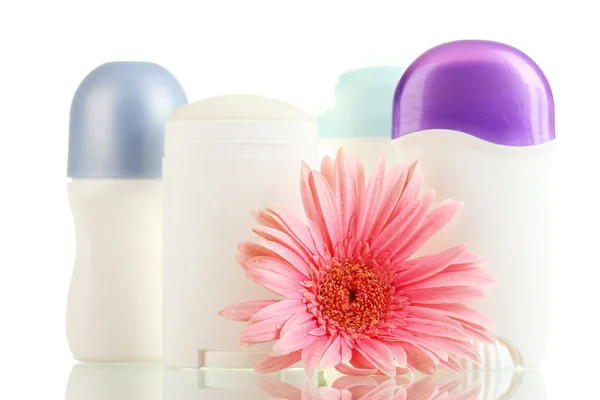 Desodorante y flor aislados en blanco —  Fotos de Stock