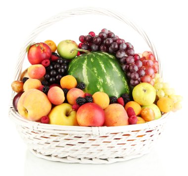 Still life of fruit in basket isolated on white clipart