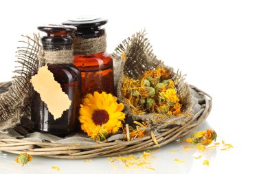 Medicine bottles and calendula, isolated on white clipart