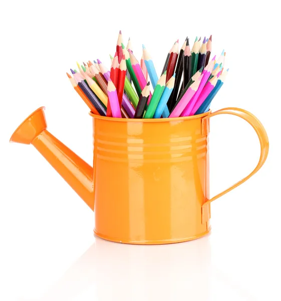 Color pencils in watering can isolated on white — Stock Photo, Image