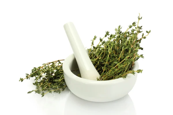 Mortar with fresh green thyme isolated on white — Stock Photo, Image