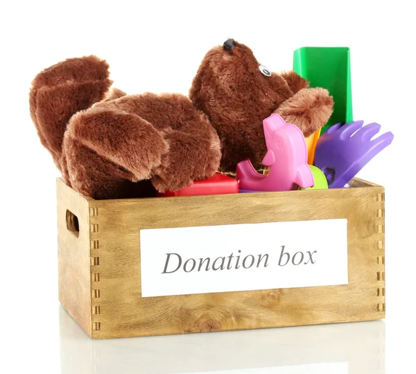 Caja de donación con juguetes para niños aislados en blanco —  Fotos de Stock