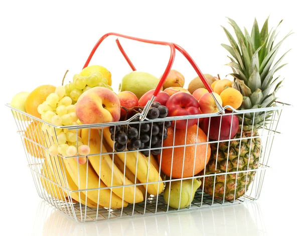 Assortment of exotic fruits in metal basket isolated on white — Stock Photo, Image