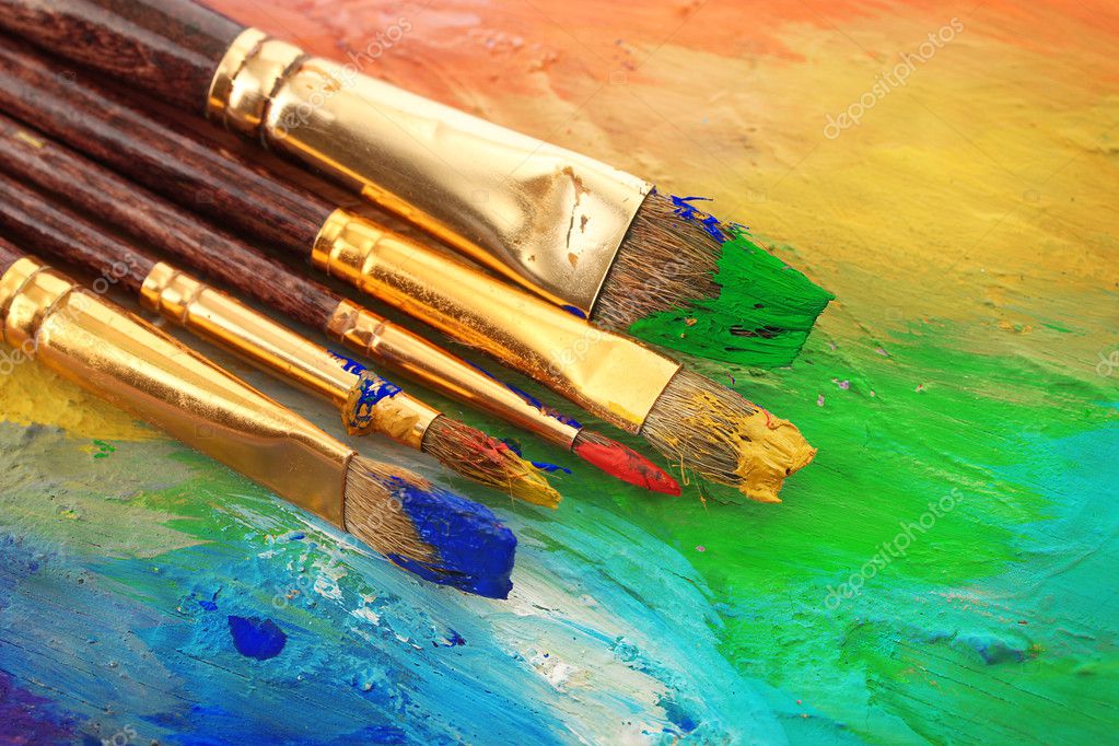 Artist Paint Brushes on the Wooden Background Stock Image - Image