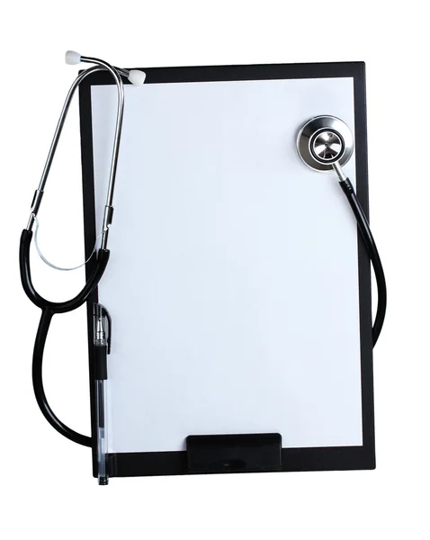 Stetoscopio e appunti neri isolati su bianco — Foto Stock
