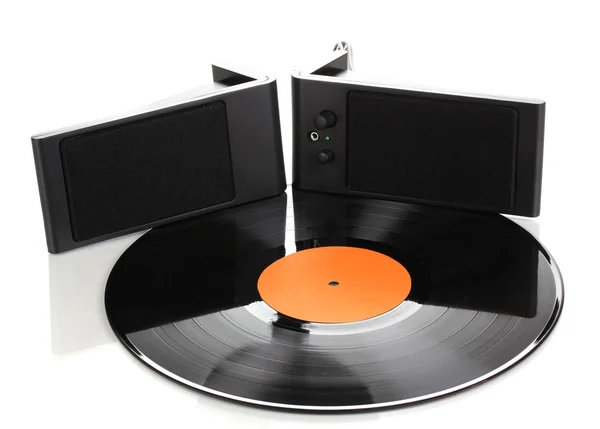 Zwart vinyl record en luidsprekers geïsoleerd op wit — Stockfoto