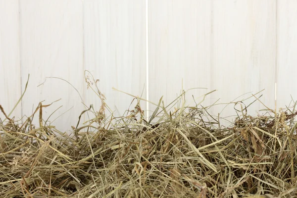 Zlatý sena proti bílé barn detail — Stock fotografie