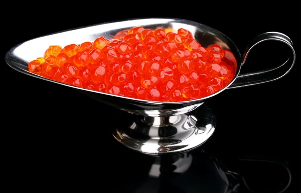 Red caviar in silver bowl isolated on black — Stock Photo, Image