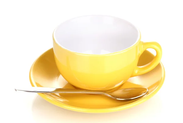 Sarı Kupası ve fincan tabağı üzerinde beyaz izole — Stok fotoğraf