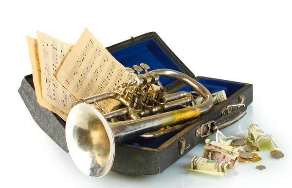 Μουσικό όργανο με χρήματα σε γκρι φόντο — Φωτογραφία Αρχείου