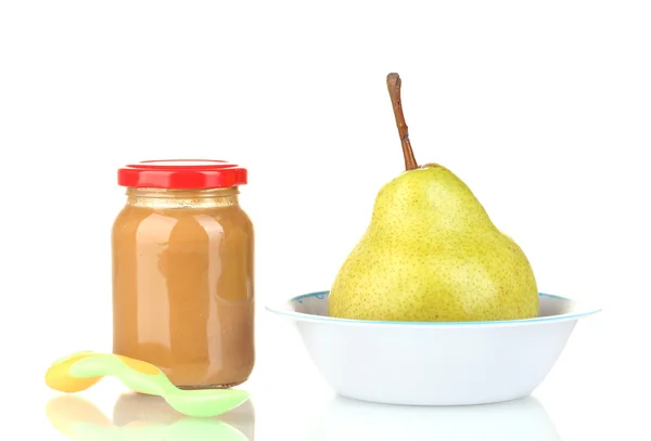 与水果婴儿食品和梨白隔离罐 — 图库照片