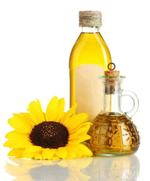 Olja i burkar och solros, isolerad på vit — Stockfoto