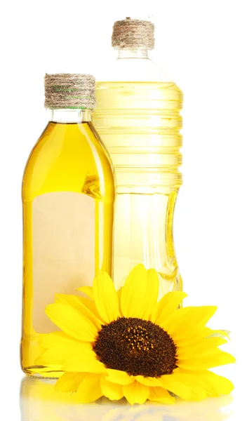 在罐子和向日葵，孤立在白色油 — 图库照片