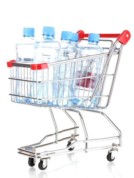 Πλαστικά μπουκάλια του νερού στην άμαξα που απομονώνονται σε λευκό — Φωτογραφία Αρχείου