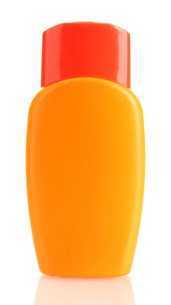 Botella con crema bronceadora aislada en blanco —  Fotos de Stock