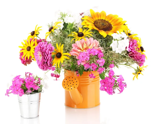 Beautiful bouquet of bright flowers in bailer isolated on white — Stock Photo, Image