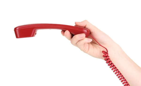 在手上白色隔离的红色电话 handset — 图库照片