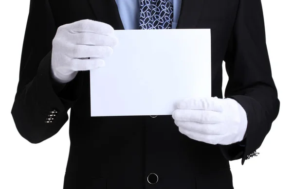 Mann hält leeres Papier isoliert auf weißem Papier — Stockfoto
