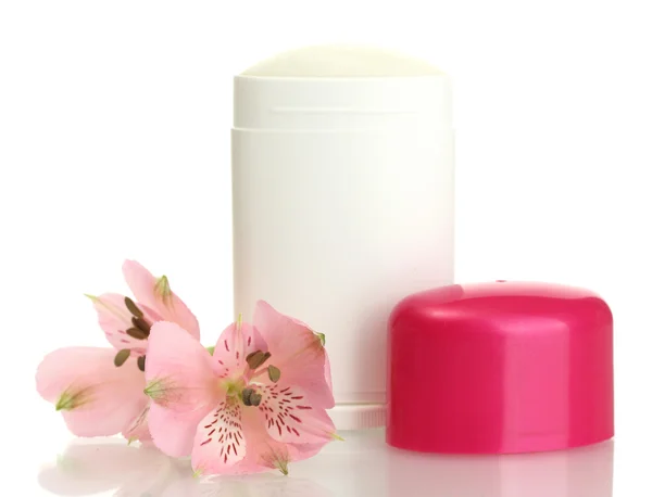 Deodorante con fiori isolati su bianco — Foto Stock