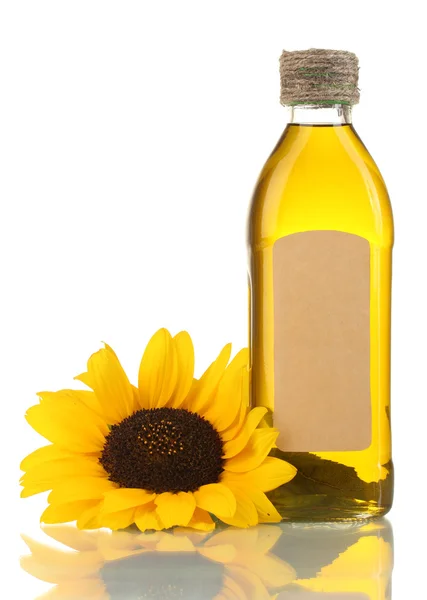 在瓶和向日葵，孤立在白色油 — 图库照片