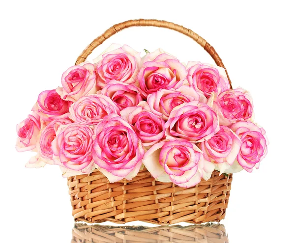Beautiful bouquet of pink roses in basket, isolated on white — Stock Photo, Image