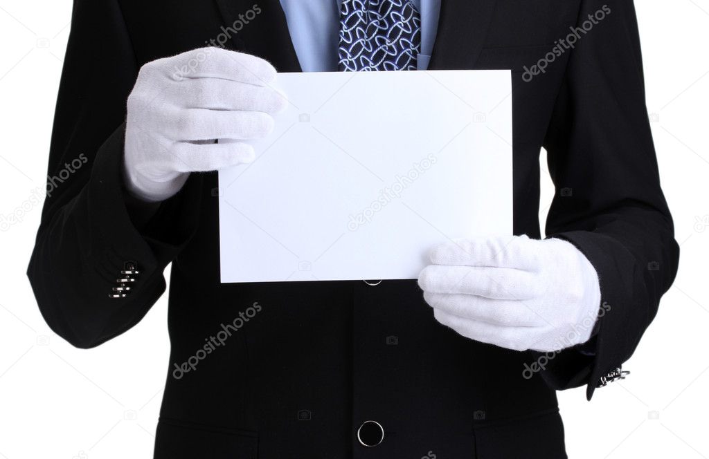Man holding blank paper isolated on white