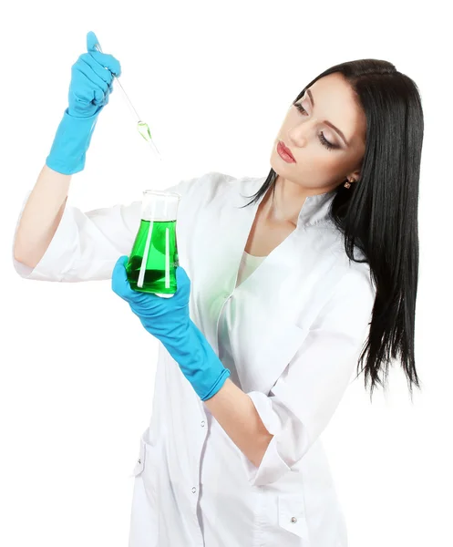 Young female scientist holding test-tube isolated on white — Stock Photo, Image