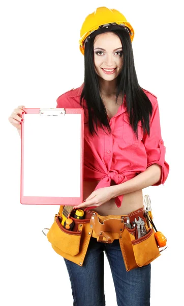 Vacker ung flicka-builder anläggning mapp isolerad på vit — Stockfoto
