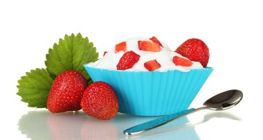 Dessert with strawberries and cream isolated on white clipart