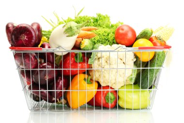 Fresh vegetables in metal basket isolated on white clipart