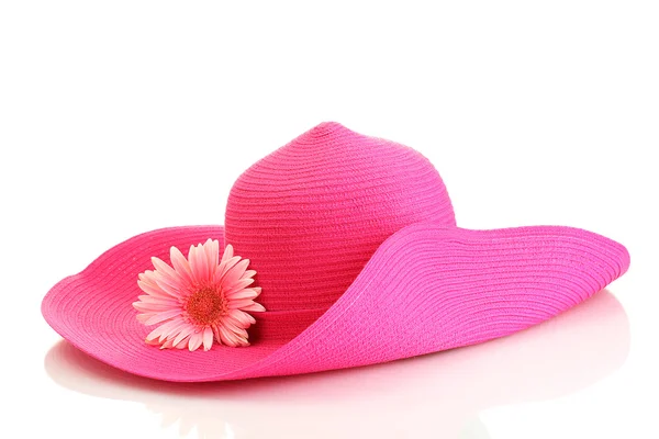 Bonito chapéu de mulher de verão com flor isolada no fundo branco — Fotografia de Stock