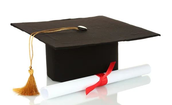 Grad hoed en diploma geïsoleerd op wit — Stockfoto
