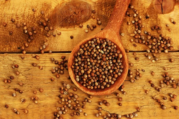Heap sementes de coentro em colher de madeira no fundo de madeira close-up — Fotografia de Stock