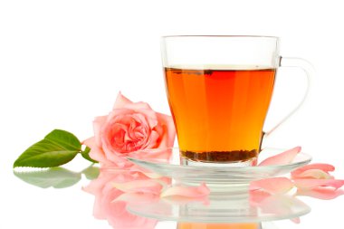 Cup of tea with rose isolated on white clipart