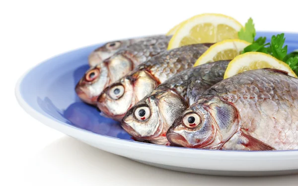 新鮮な魚とレモンとパセリを白で隔離されるプレート — ストック写真