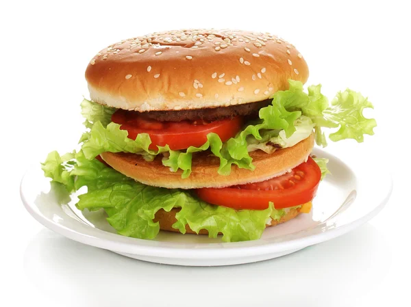白で隔離される皿の上の大きな、おいしいハンバーガー — ストック写真
