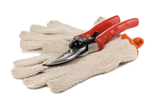 Pruner on garden gloves isolated on white — Stock Photo, Image
