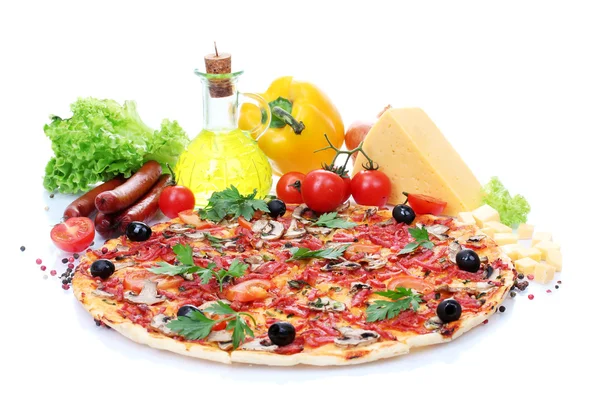 Delicious pizza, vegetables and salami isolated on white — Stock Photo, Image