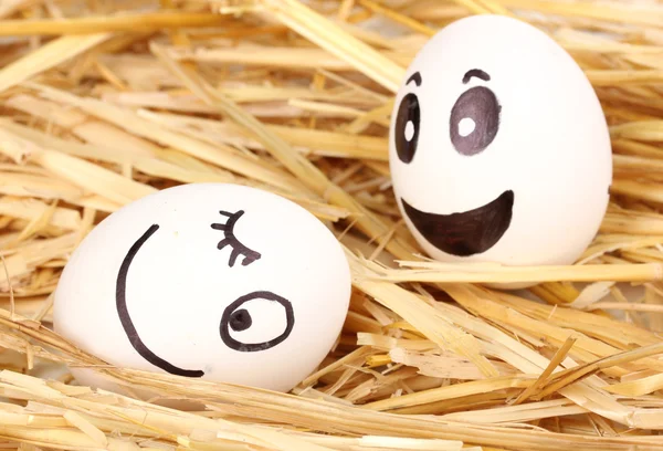 Vicces arcok a szalma fehér tojás — Stock Fotó